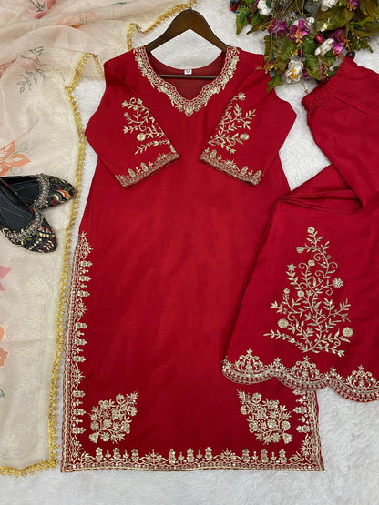 Unique Chinon Embroidery Work Red Color Sharara Suit