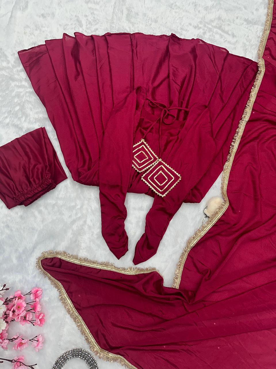 Peaceful Maroon Color Chinnon Silk Anarkali Gown
