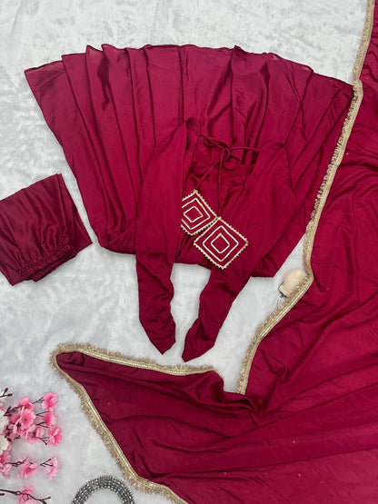 Peaceful Maroon Color Chinnon Silk Anarkali Gown