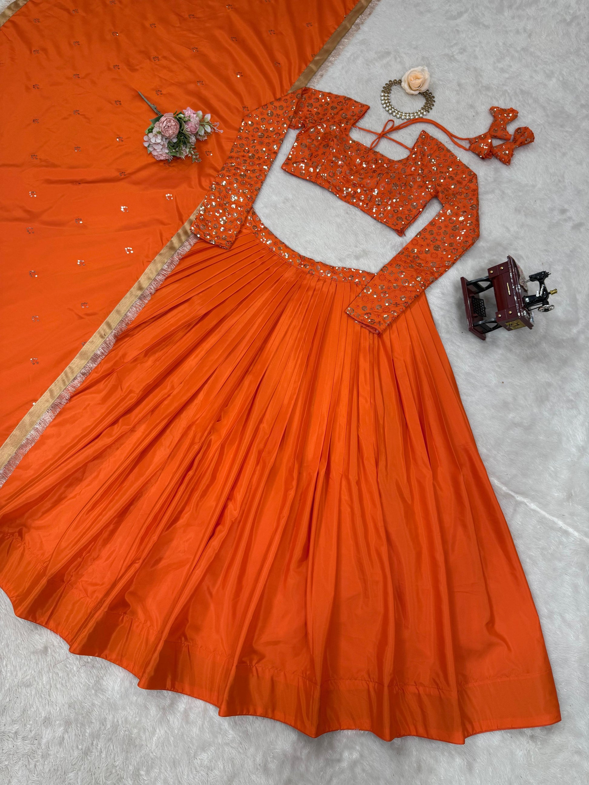 Wedding & Party Wear Sequence Work Orange Color Lehenga Choli