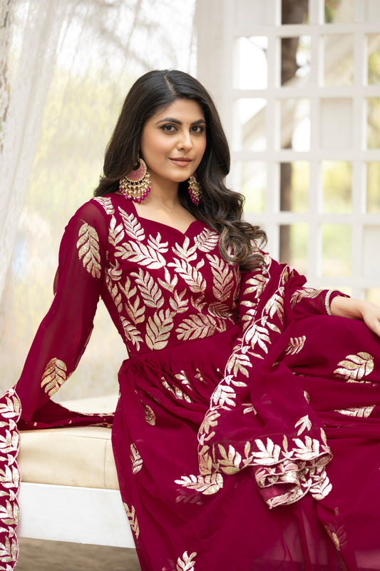 Luxuriant Thread Work Red Color Gown