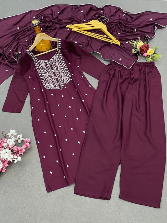 Wonderful Heavy Reyon Wine Color Salwar Suit