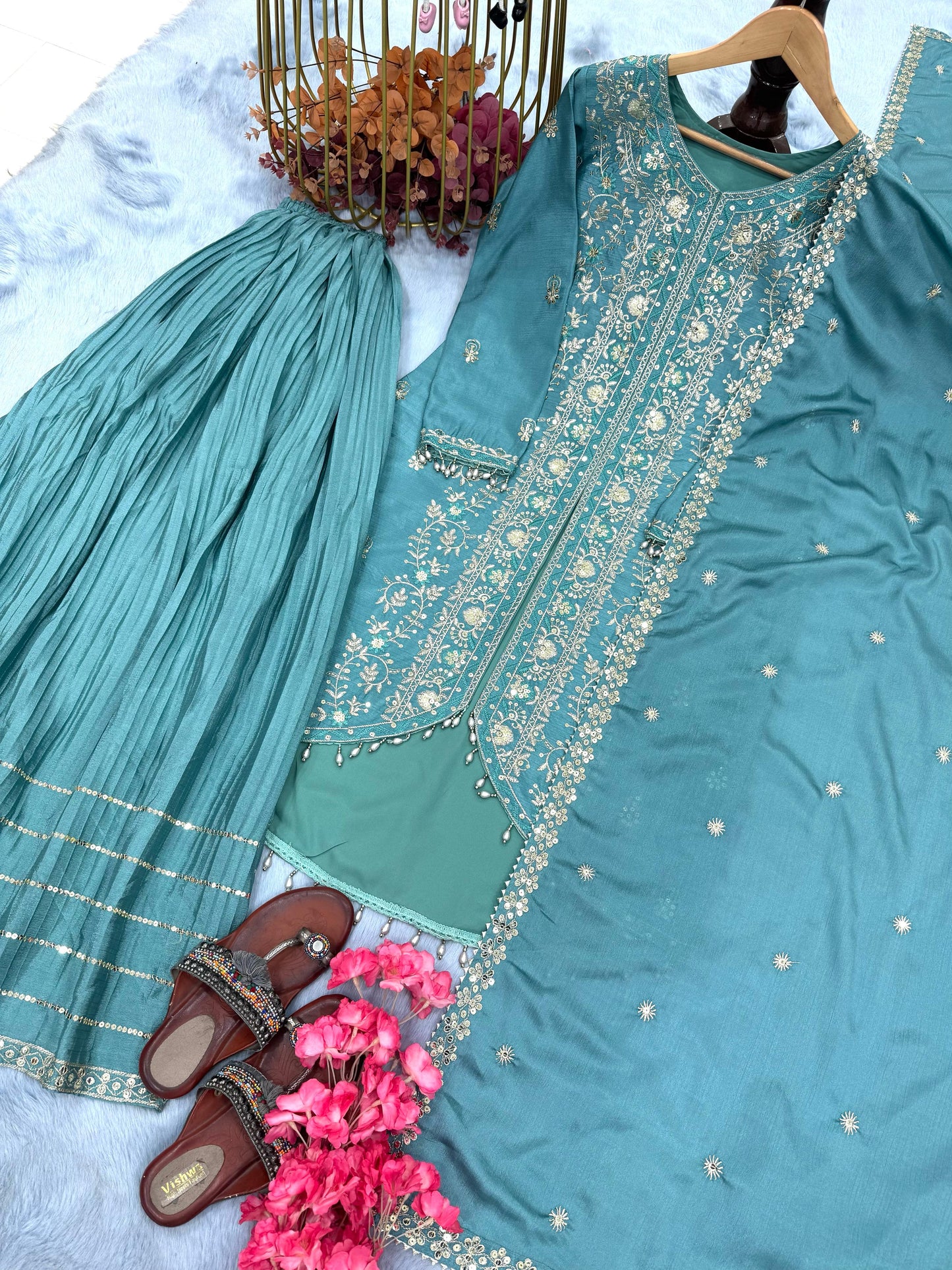 Demanding Sky Blue Color Chinon Silk Sharara Suit