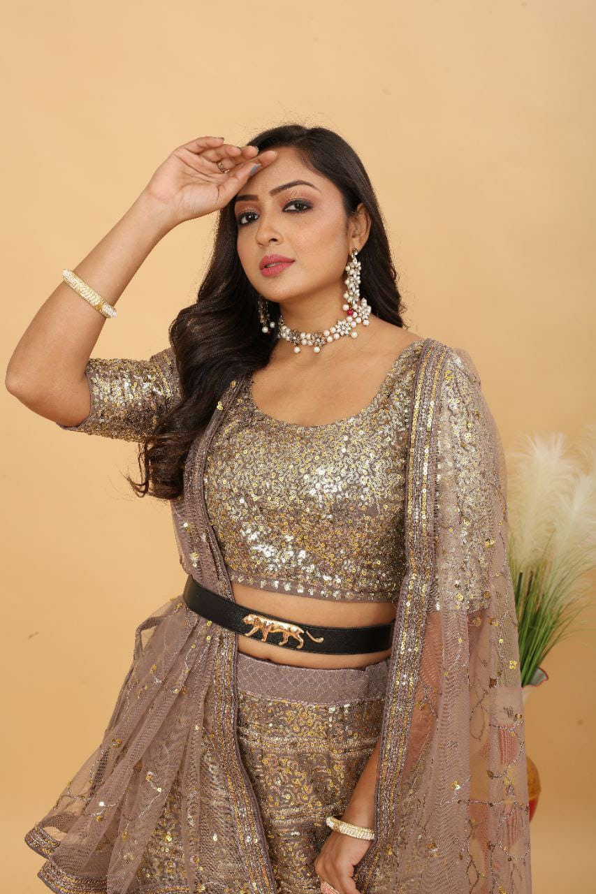 Decent Georgette Embroidery Work Beige Color Lehenga Choli