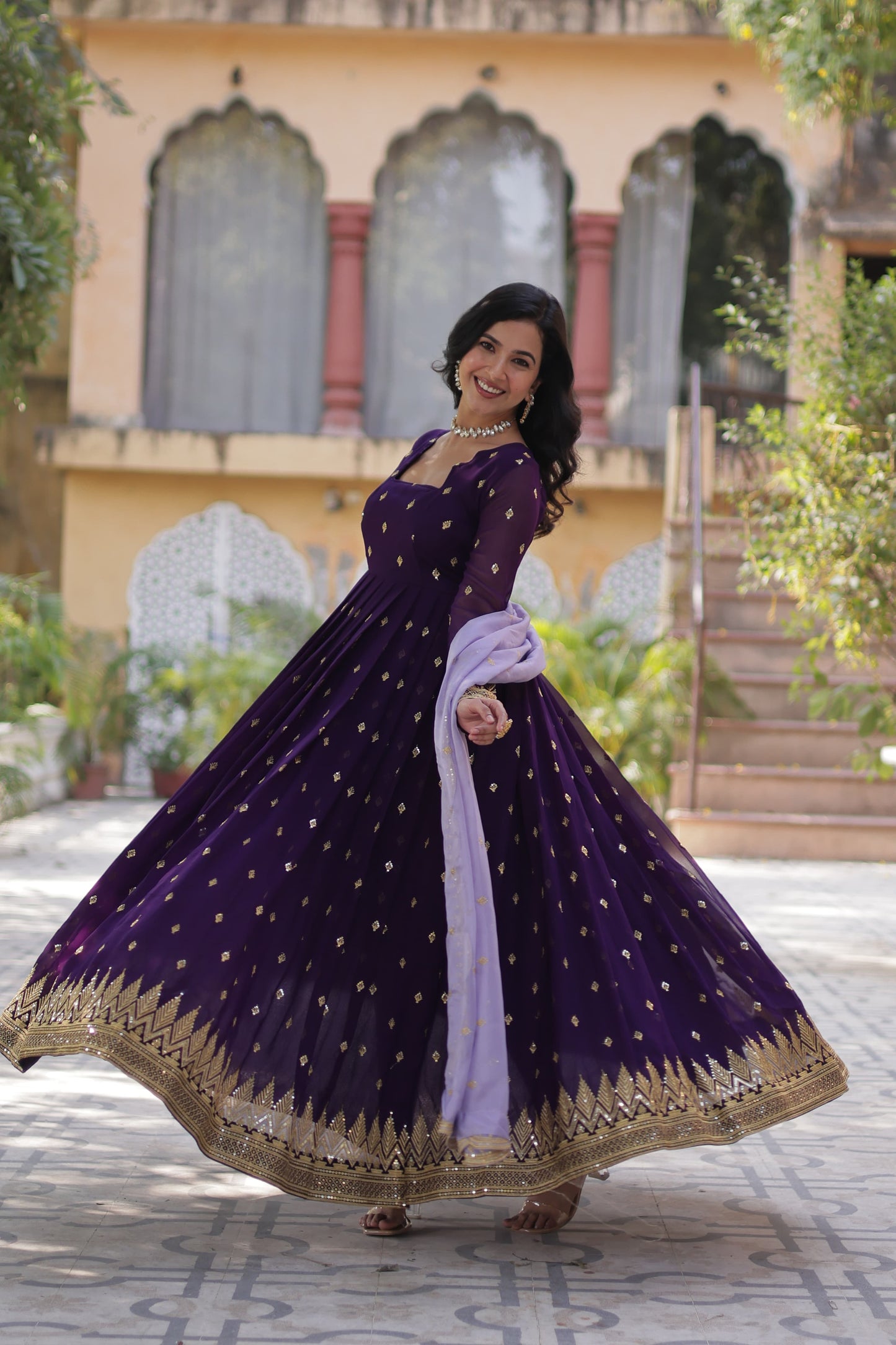 Classy Embroidery Sequence Work Purple Color Gown