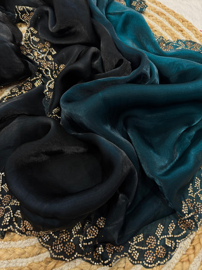 Double Shaded Green And Black Color Silk Saree