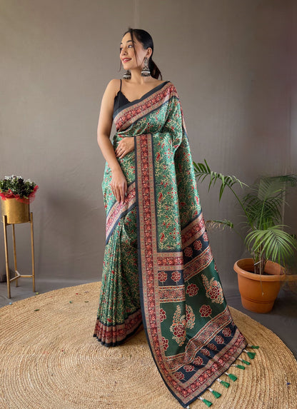 Opulent Green Color Digital Print Saree