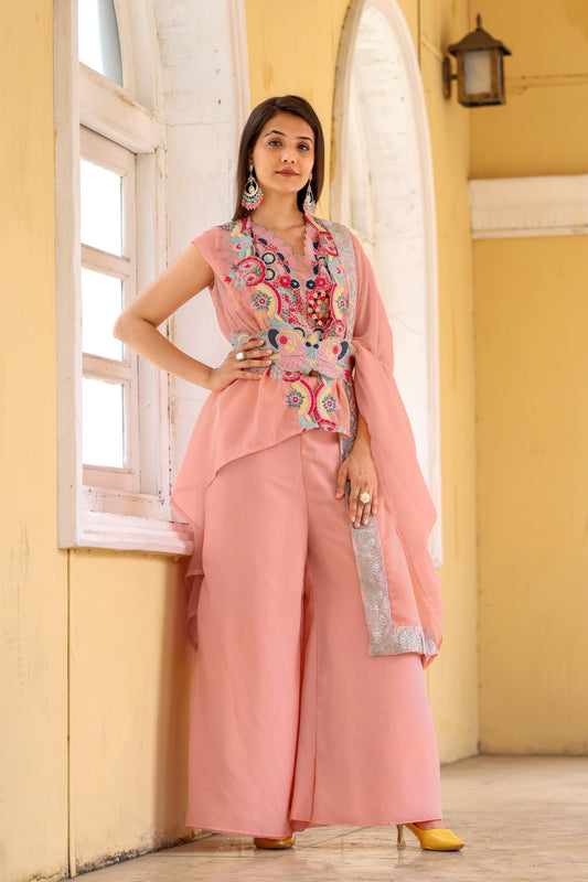 Unique Georgette Pink Color Palazzo Suit With Koti