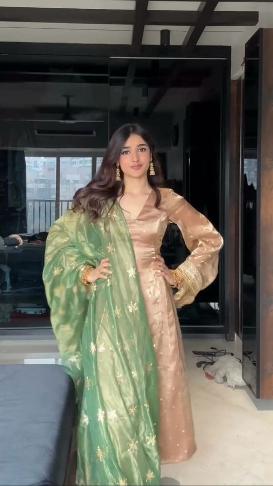 Delightful Embroidery Work Beige Color Salwar Suit With Green Dupatta