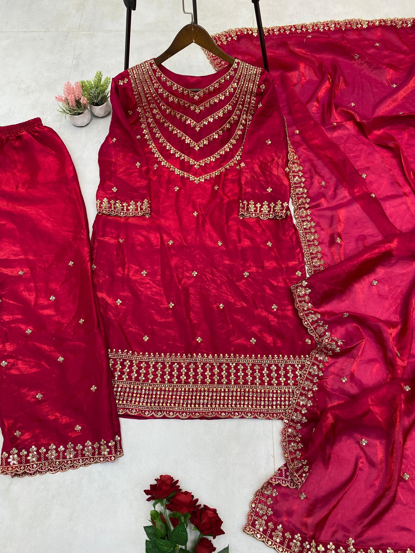 Good Looking Embroidery Work Pink Color Palazzo Suit