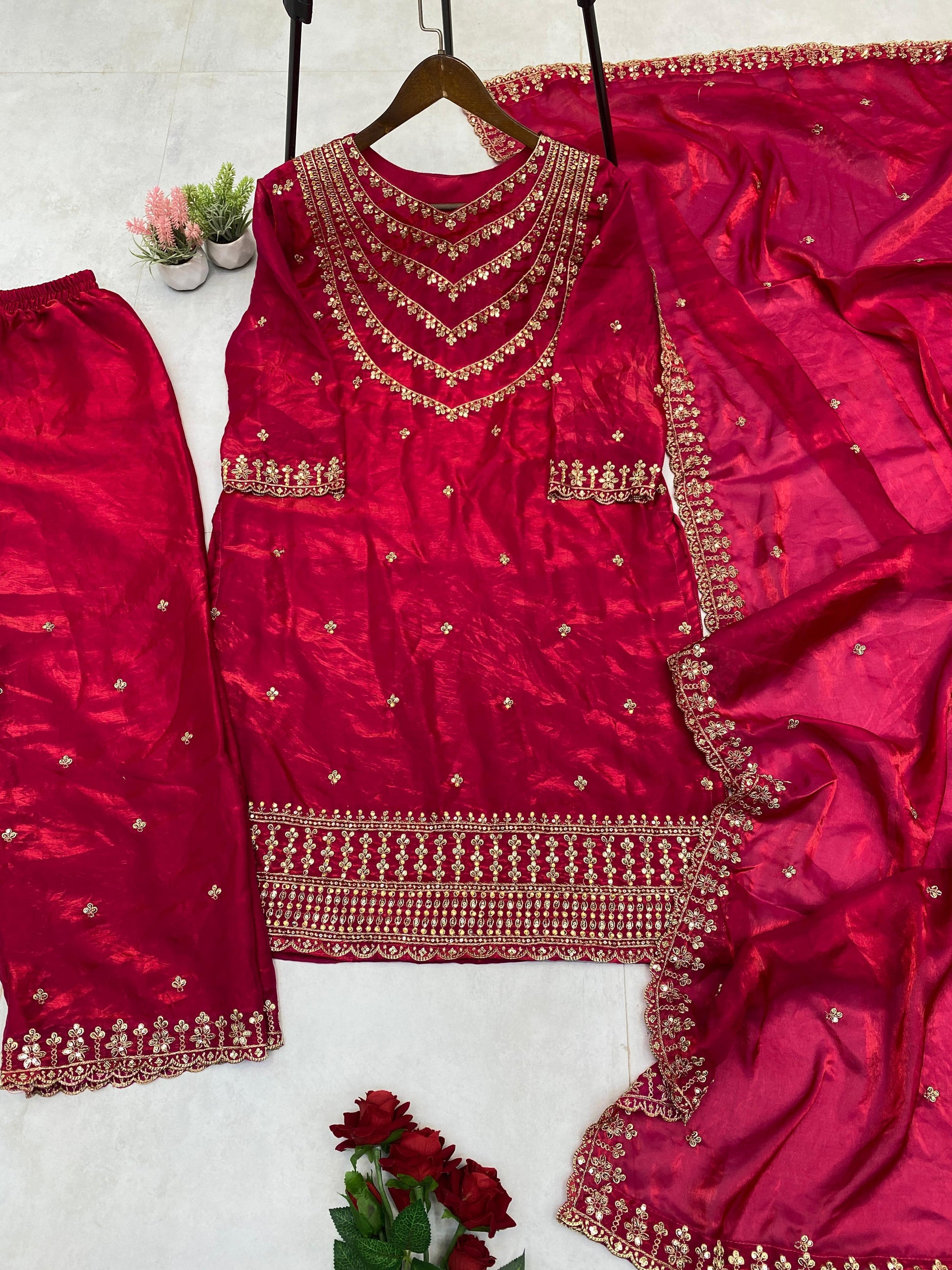 Good Looking Embroidery Work Pink Color Palazzo Suit