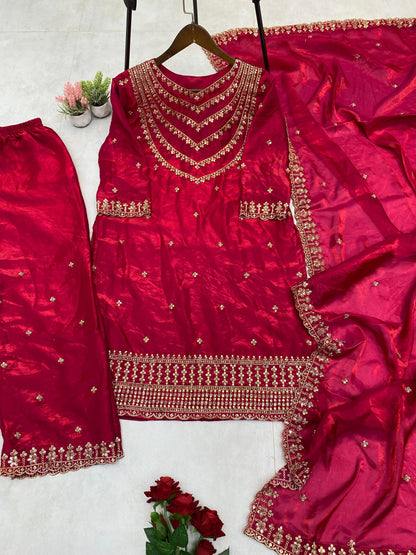 Good Looking Embroidery Work Pink Color Palazzo Suit