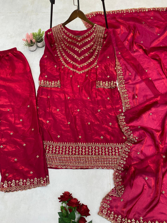 Good Looking Embroidery Work Pink Color Palazzo Suit