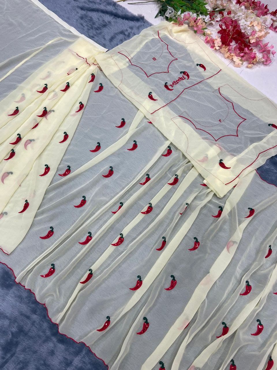Shining Embroidery Work Cream Color Ready To Wear Saree