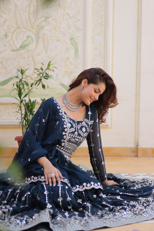 Designer Georgette Sequence Work Teal Blue Color Lehenga Choli