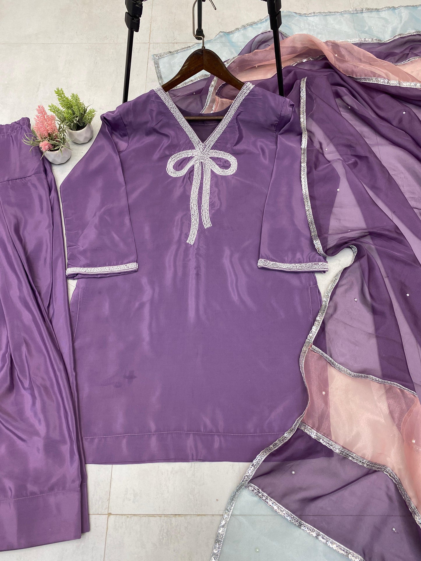 Marvelous Beads Work Lavender Color Salwar Suit