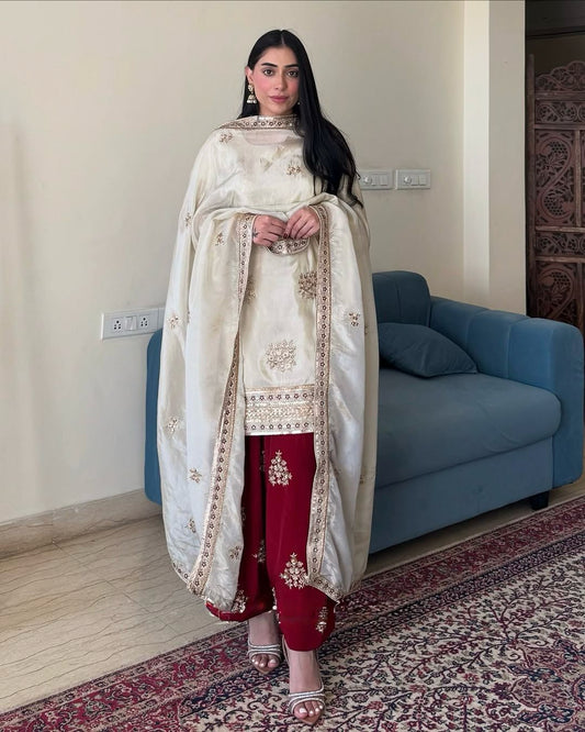 Pretty Silk White With Red Palazzo Suit