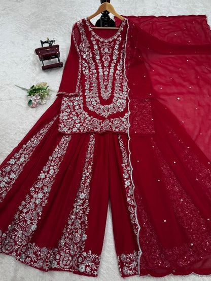 Awesome Gorgette Red Color Sharara Suit