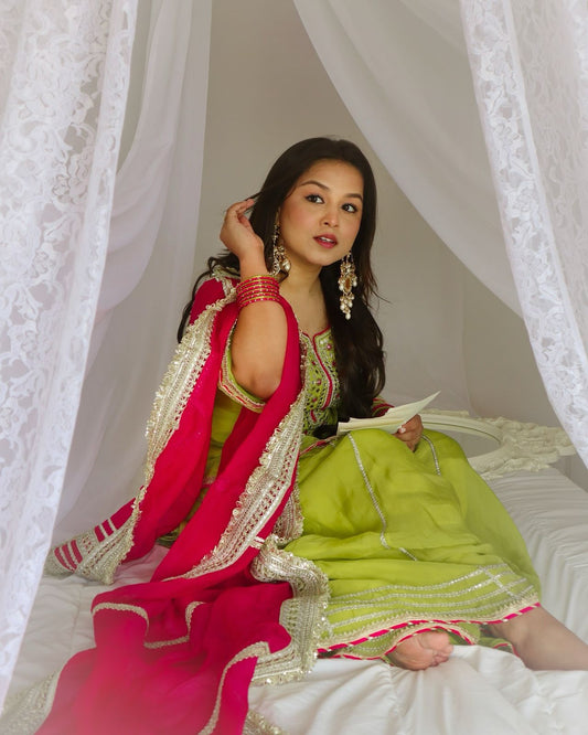 Attractive Embroidery Thread Work Green Color Palazzo Suit