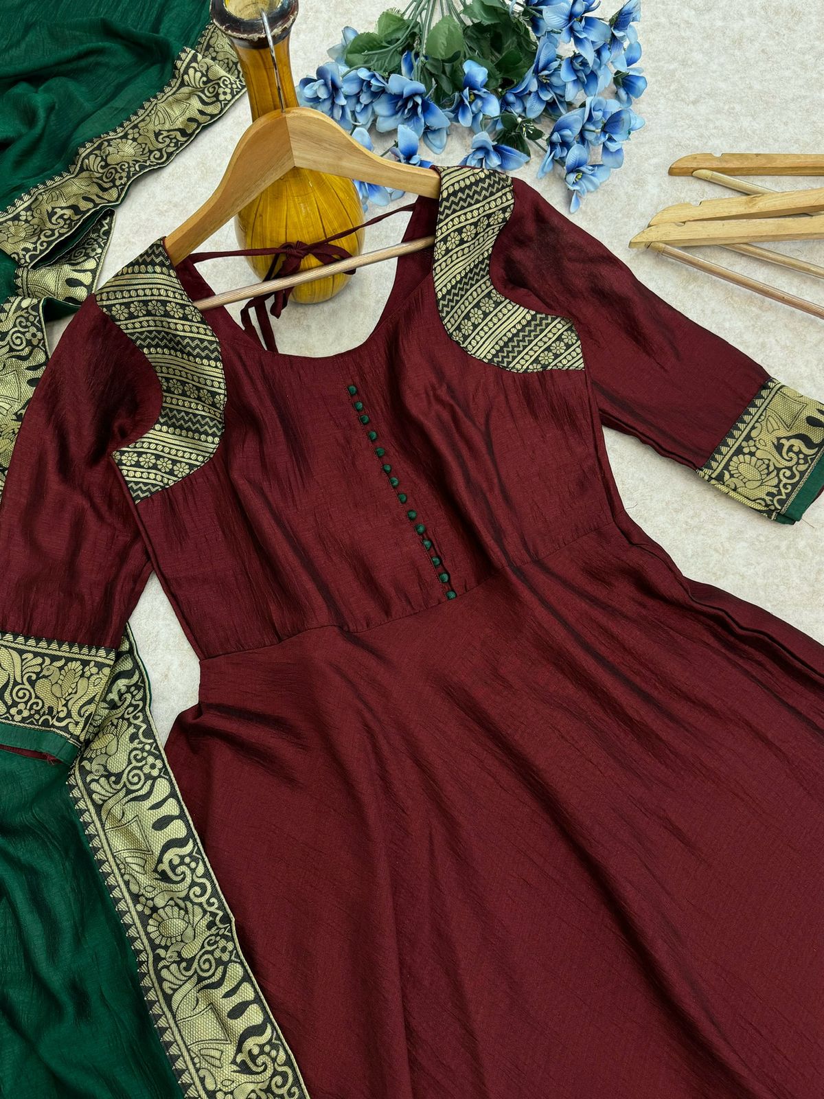 Luxuriant Vichitra Silk Maroon Color Anarkali Gown