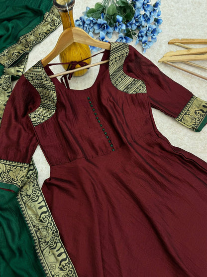 Luxuriant Vichitra Silk Maroon Color Anarkali Gown