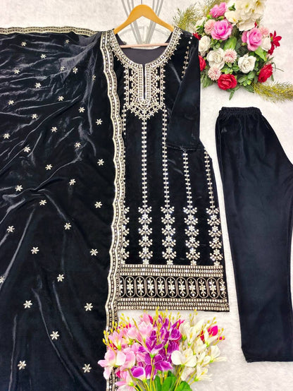 Beautiful Black Color Velvet 5mm Sequence Work Salwar Suit