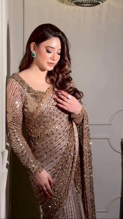 Classic Full Sequence Work Beige Color Saree