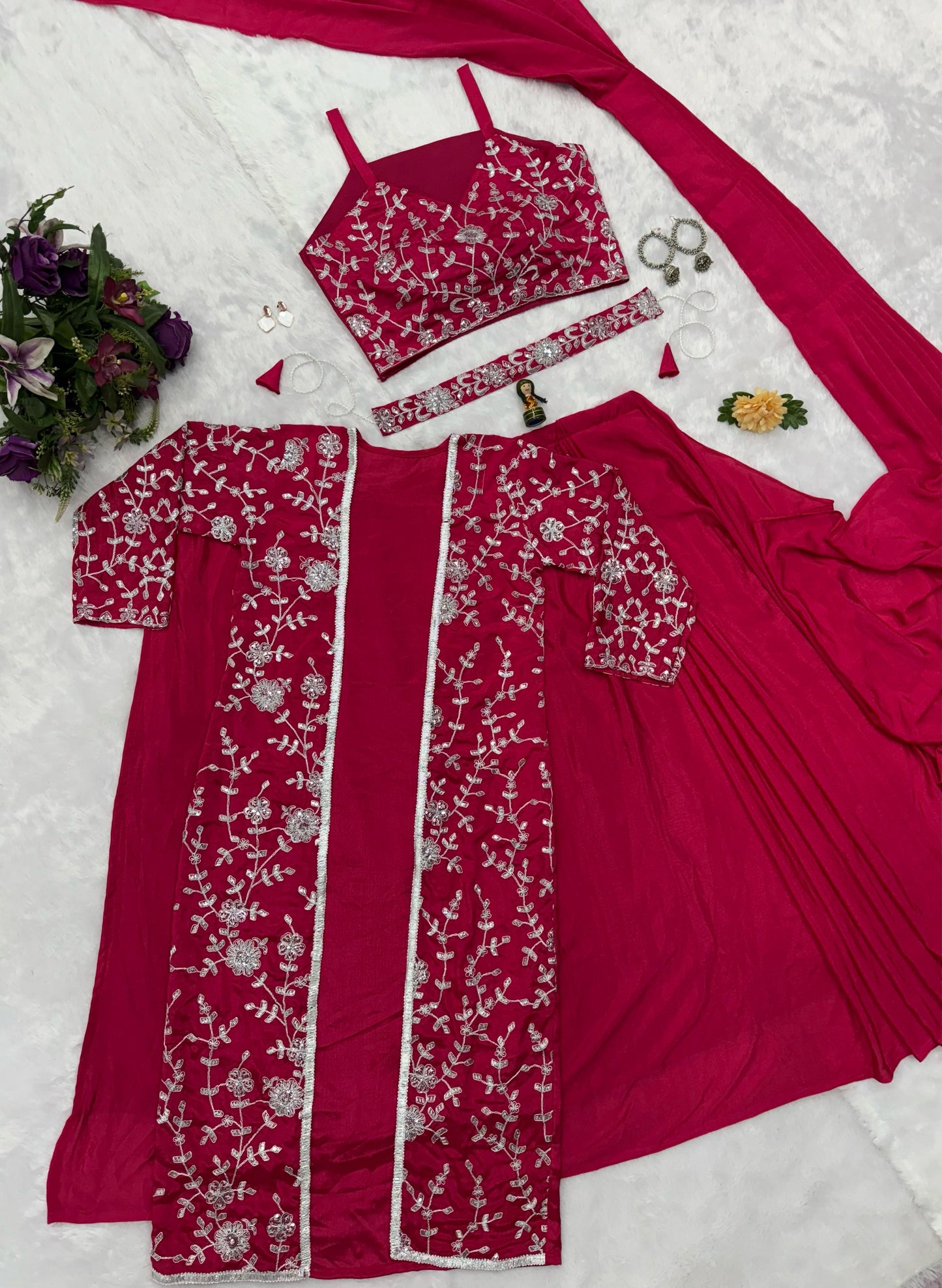 Unique Chinon Silk Pink Color Saree With Koti
