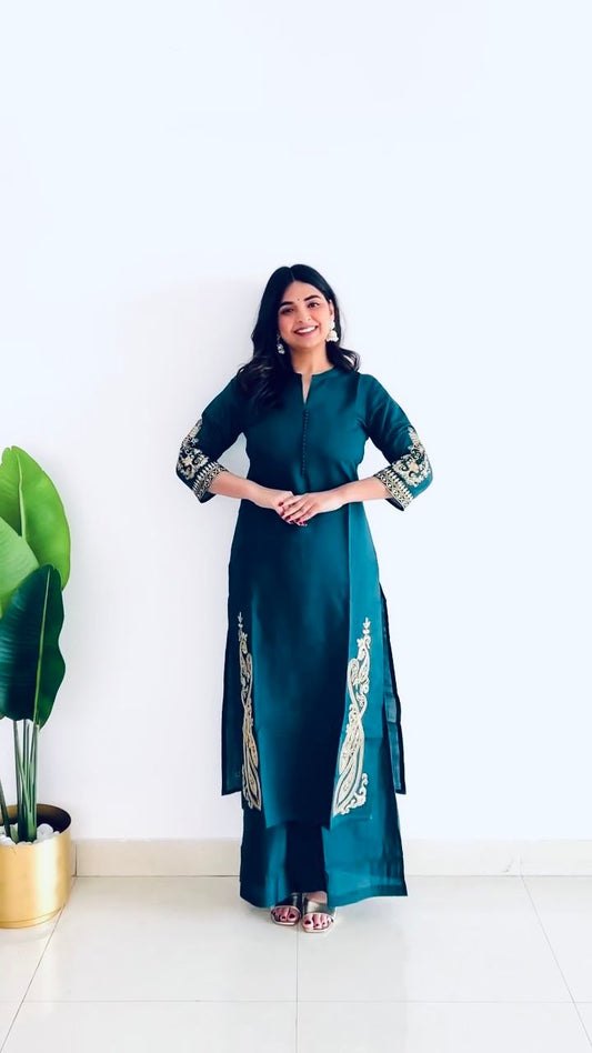 Roman Silk Blue Color Top With Palazzo