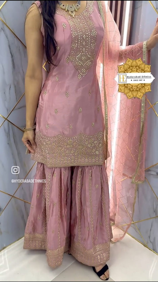 Delightful Sequence Work Light Pink Color Palazzo With Dupatta Set
