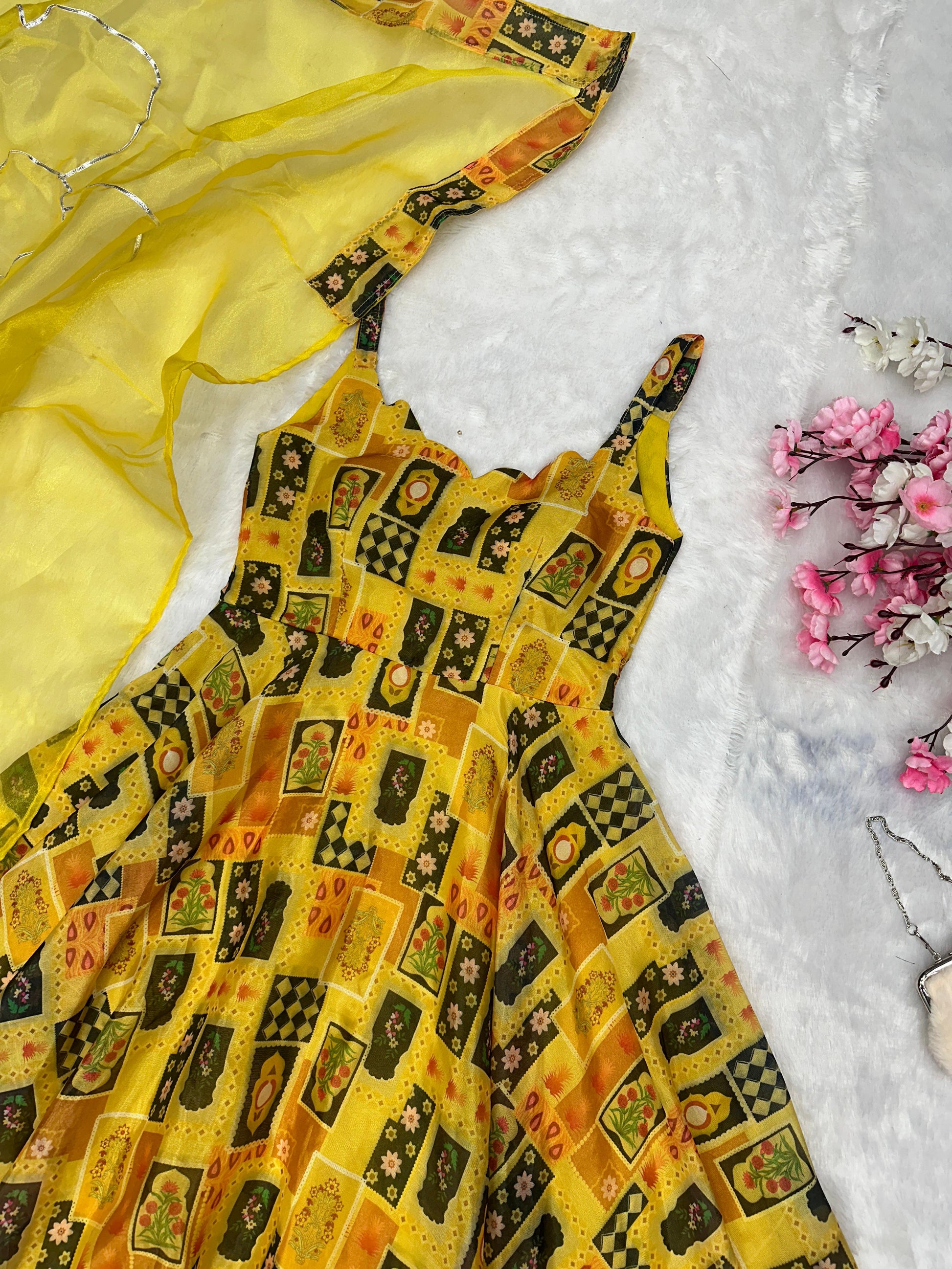 Beautiful Organza Silk Digital Print Yellow Color Anarkali Gown