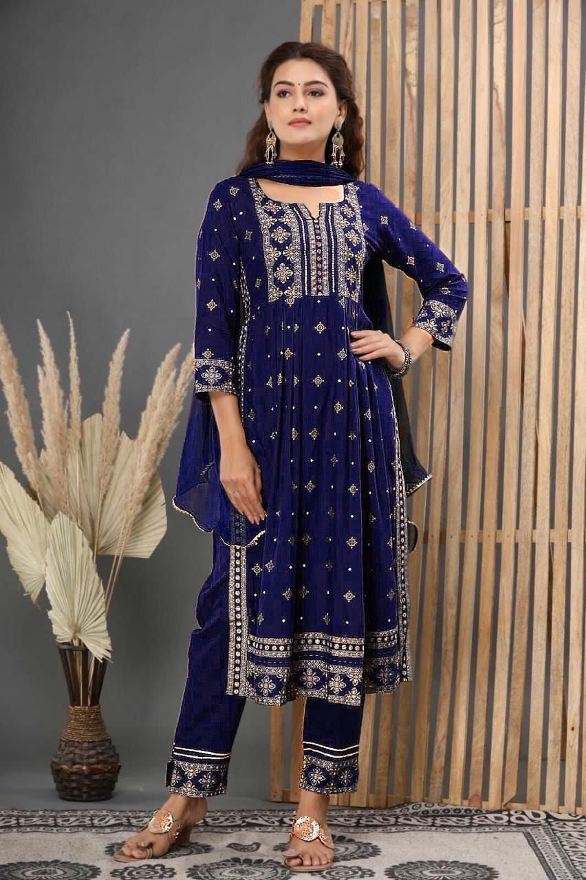 Precious Reyon Foil Print Navy Blue Color Salwar Suit