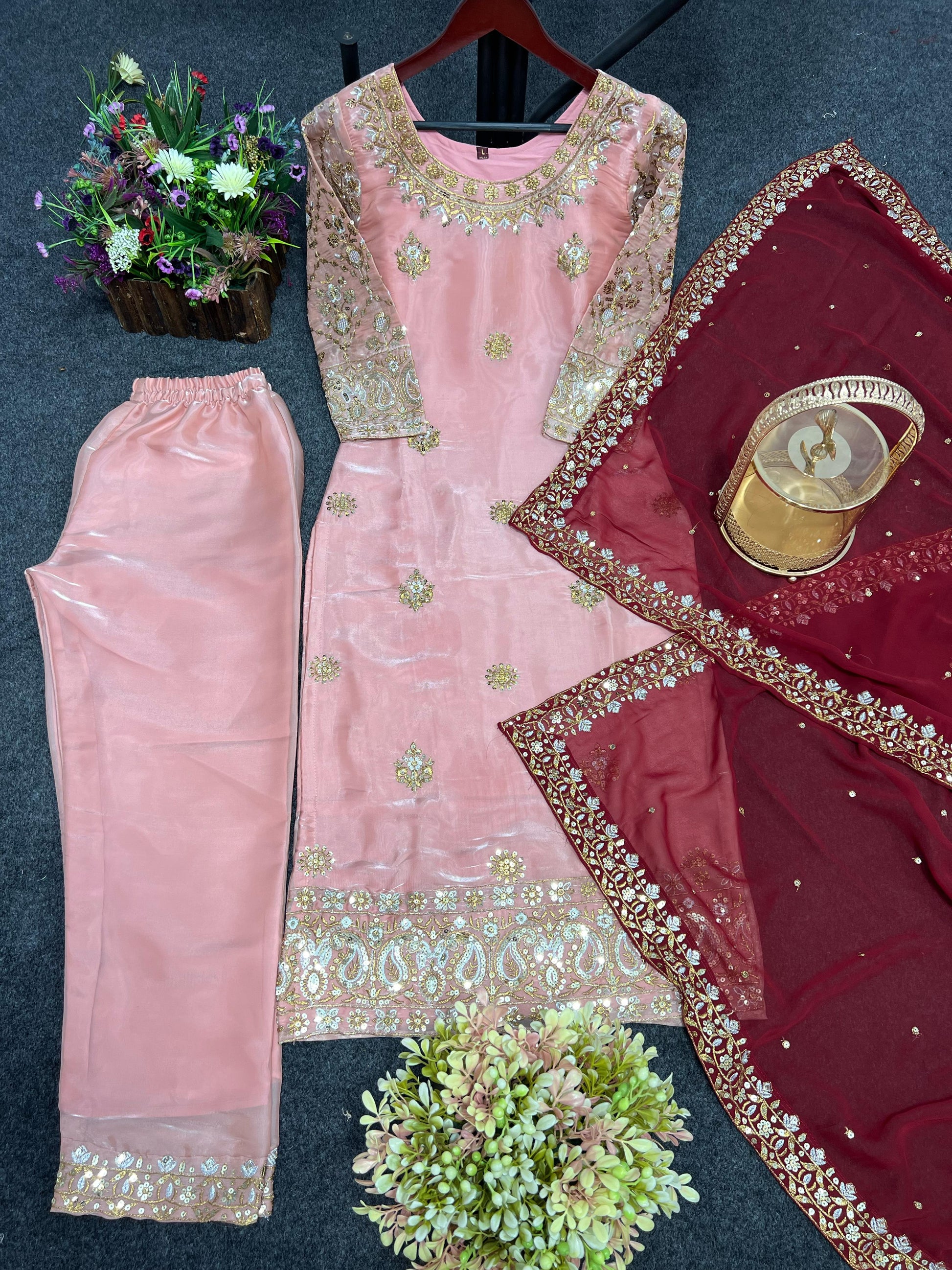 Shine Pink Color Embroidery Work Salwar Suit With Dupatta