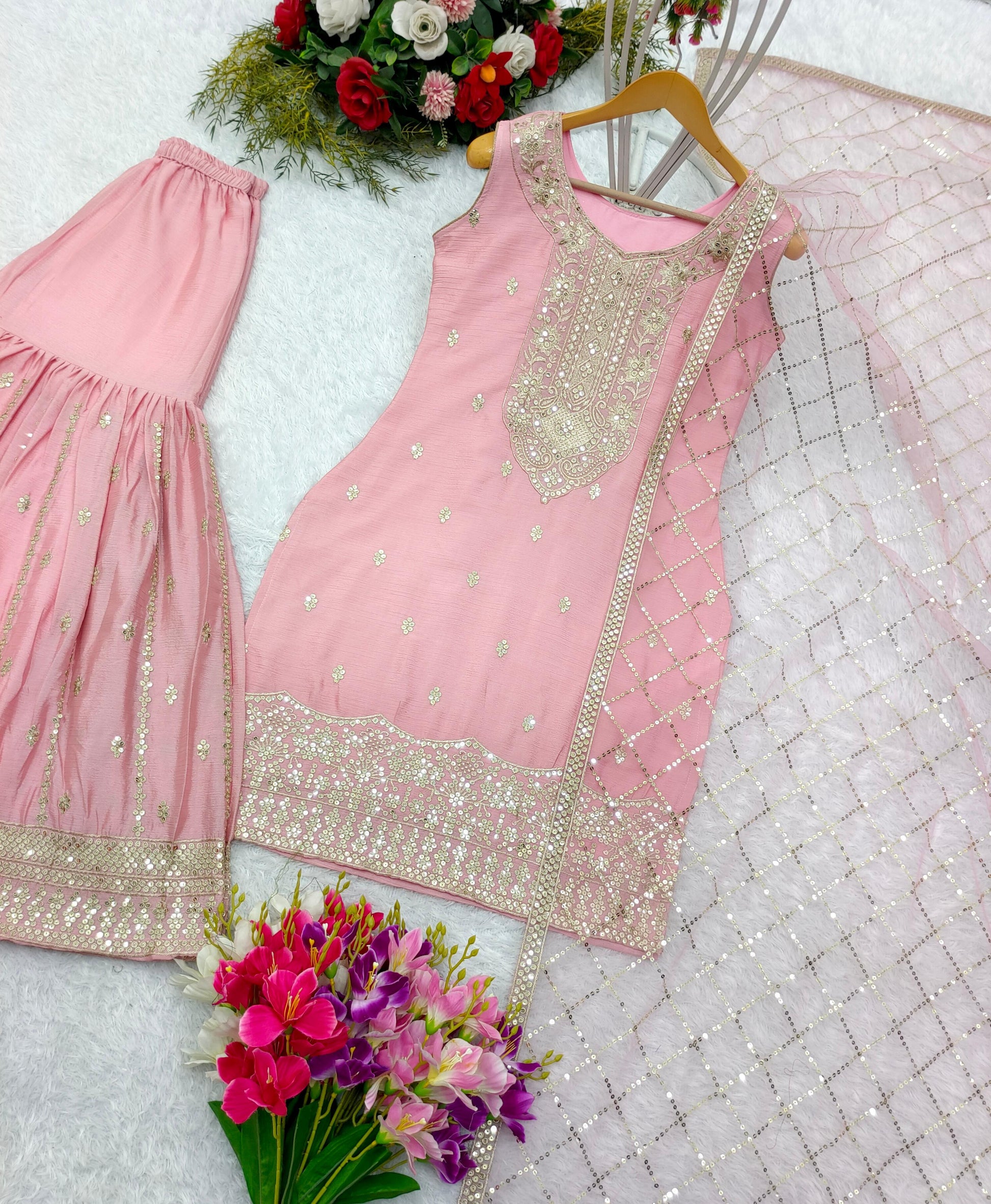 Delightful Sequence Work Light Pink Color Palazzo With Dupatta Set