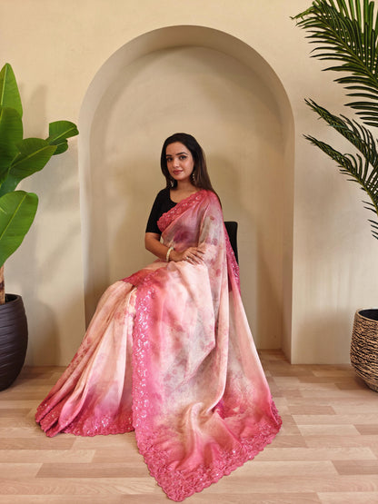 Casual Wear Pink Color Digital Print Organza Saree