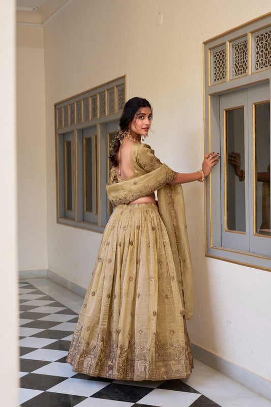 Imposing Gold Crush Beige Color Lehenga