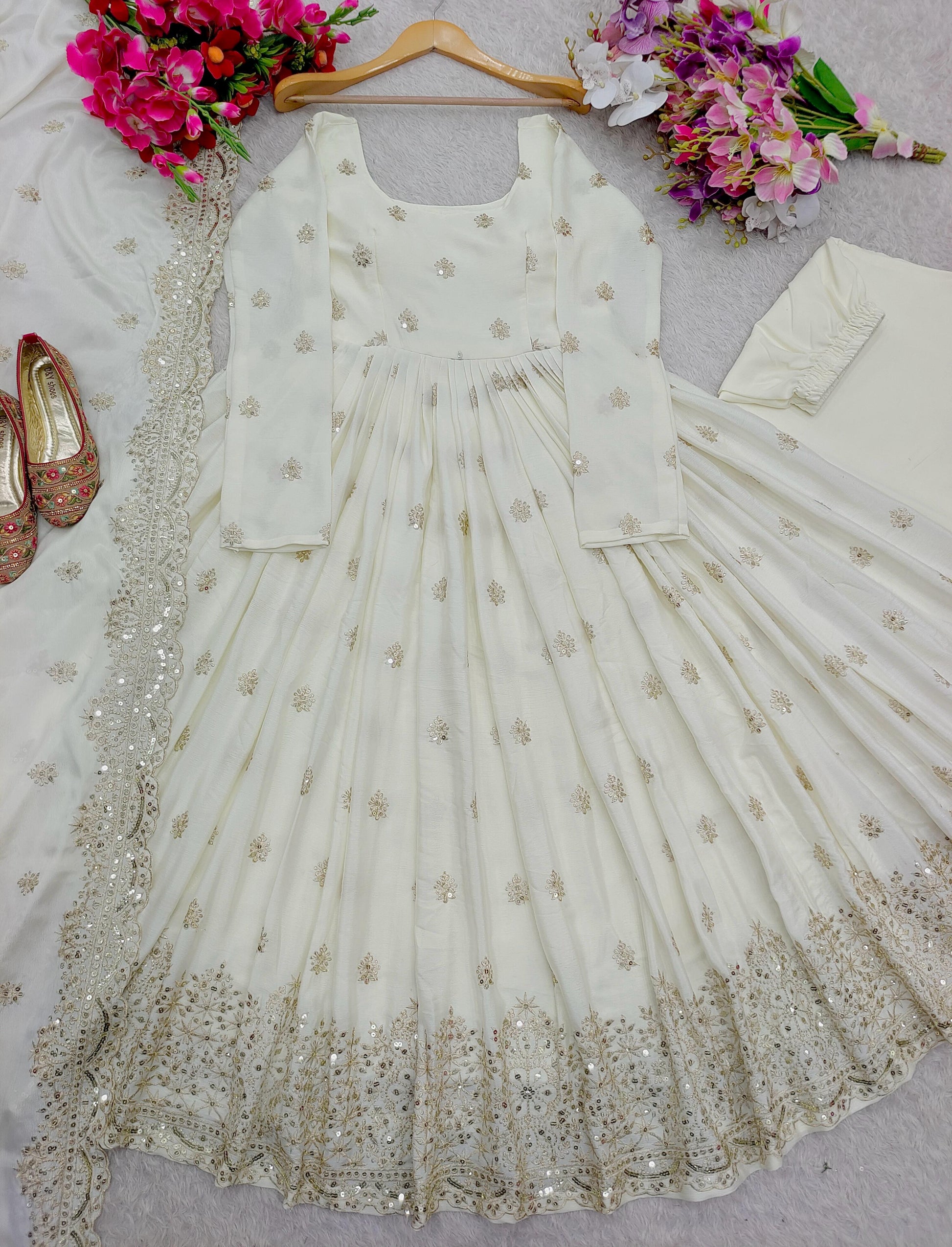 Graceful Chinon Silk White Color Sequence Work Gown