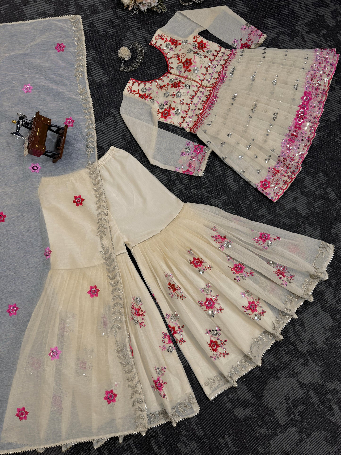 Shining Chanderi Cotton Cream Color Sharara Suit