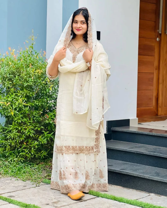 Captivating Crunchy Silk White Color Sharara Suit