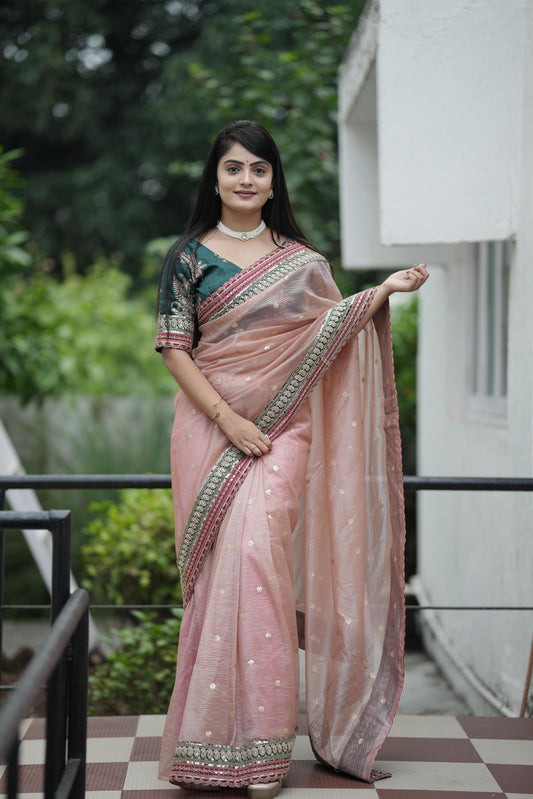 Party Wear Embroidery Work Peach Color Designer Saree