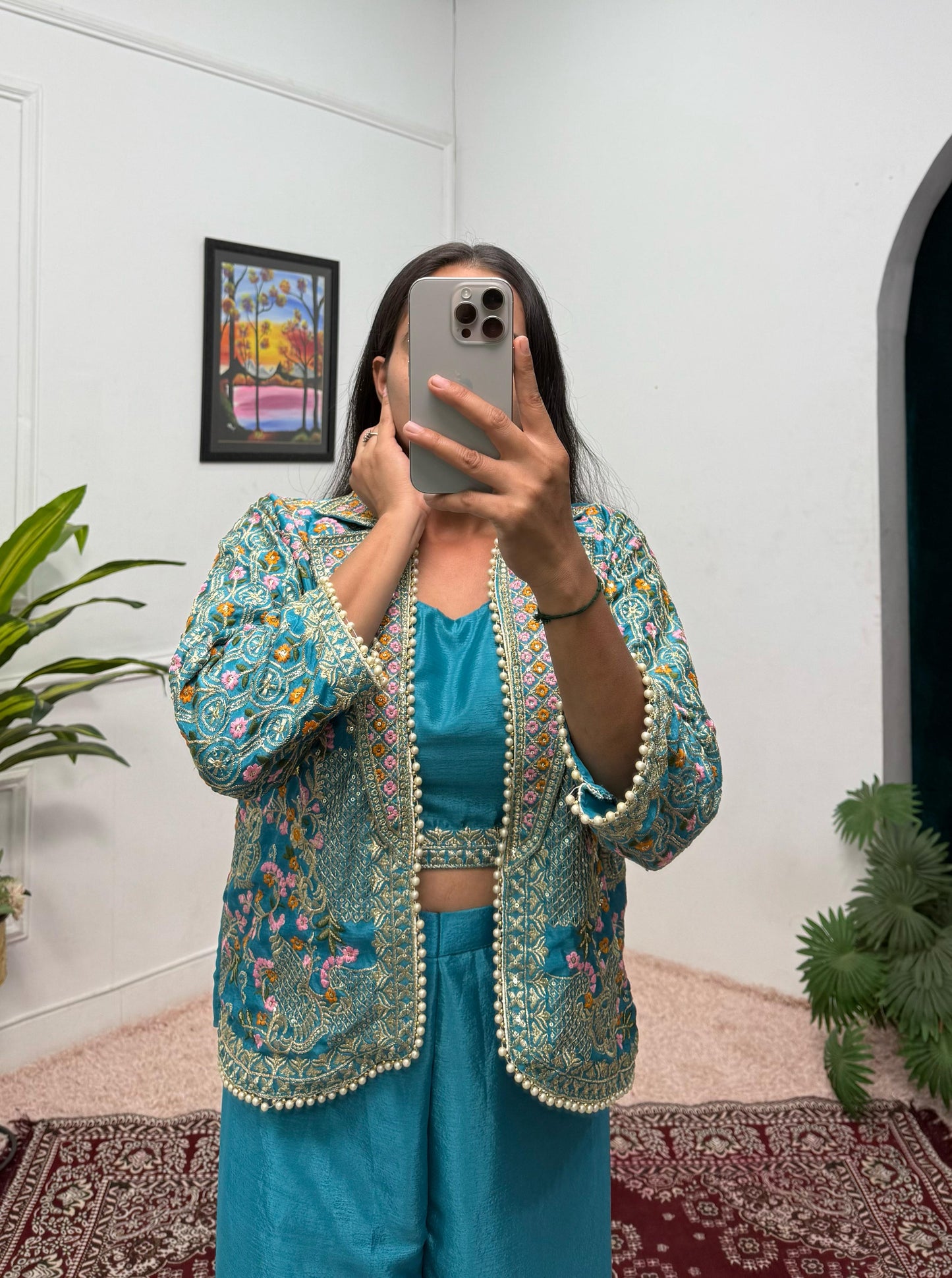 Flattering Chinon Teal Blue Color Palazzo Top With Koti