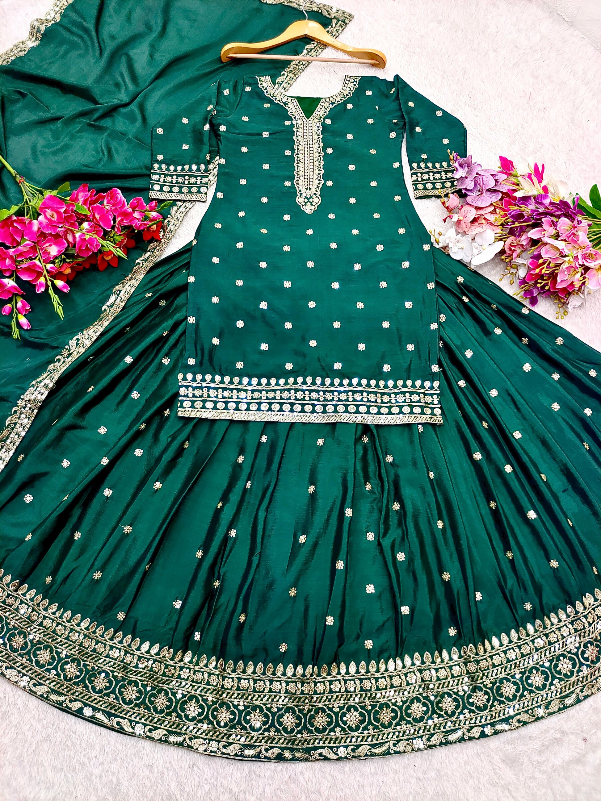Gorgeous Green Color Sequence Work Top With Lehenga