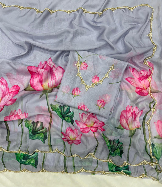 Flower Print with Work Gray Color Designer Saree
