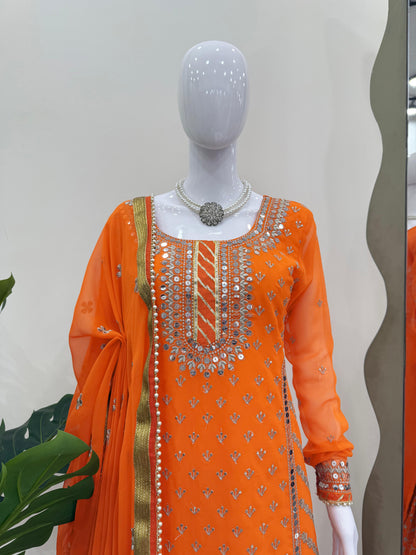 Blissful Gorgette Sequence Work Orange Color Sharara Suit