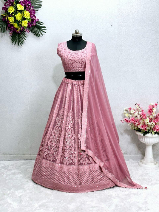 Wonderful Georgeet Embroidered Work Pink Color Lehenga Choli