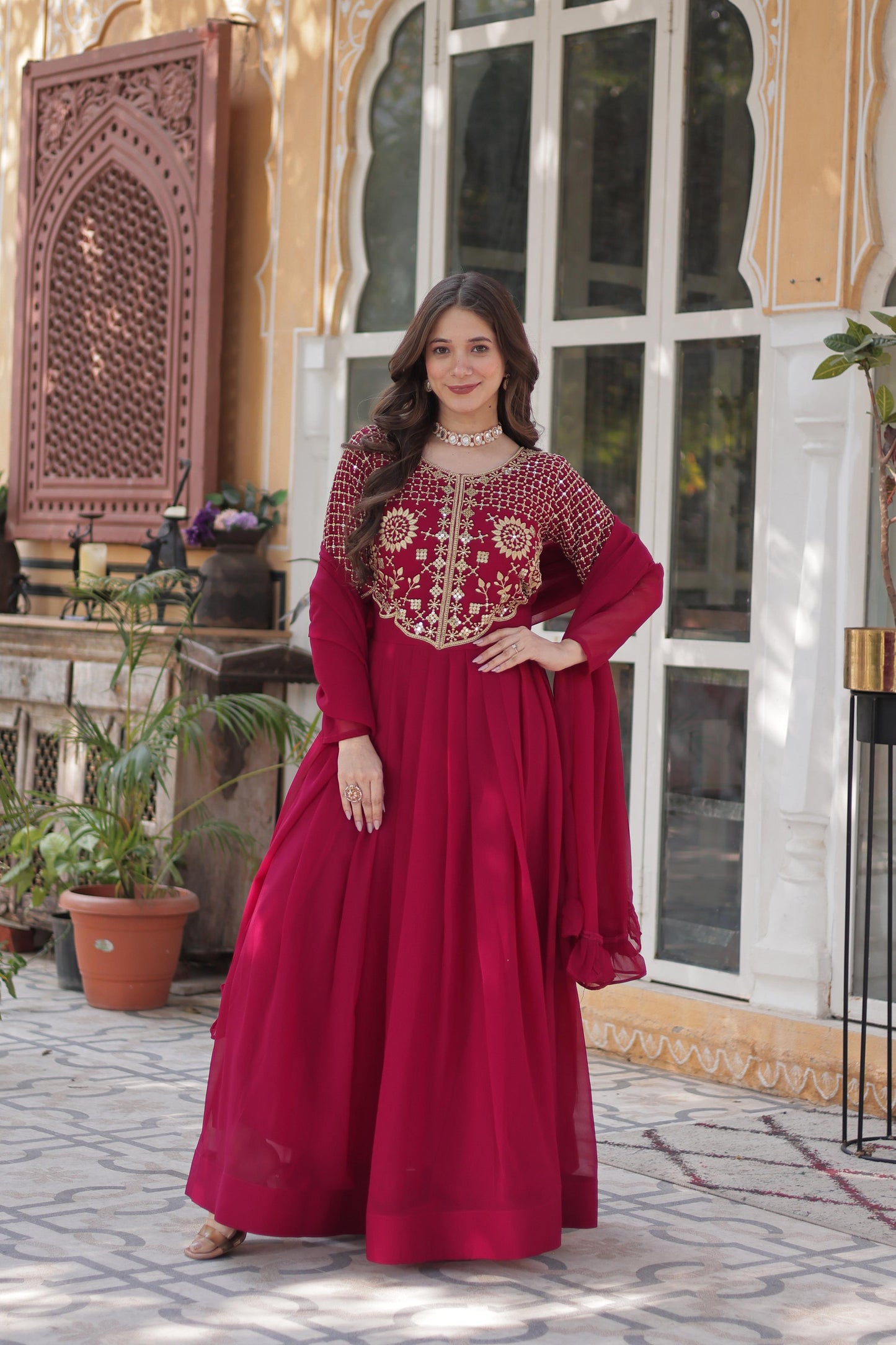 Stunning Georgette Embroidered Work Red Color Gown