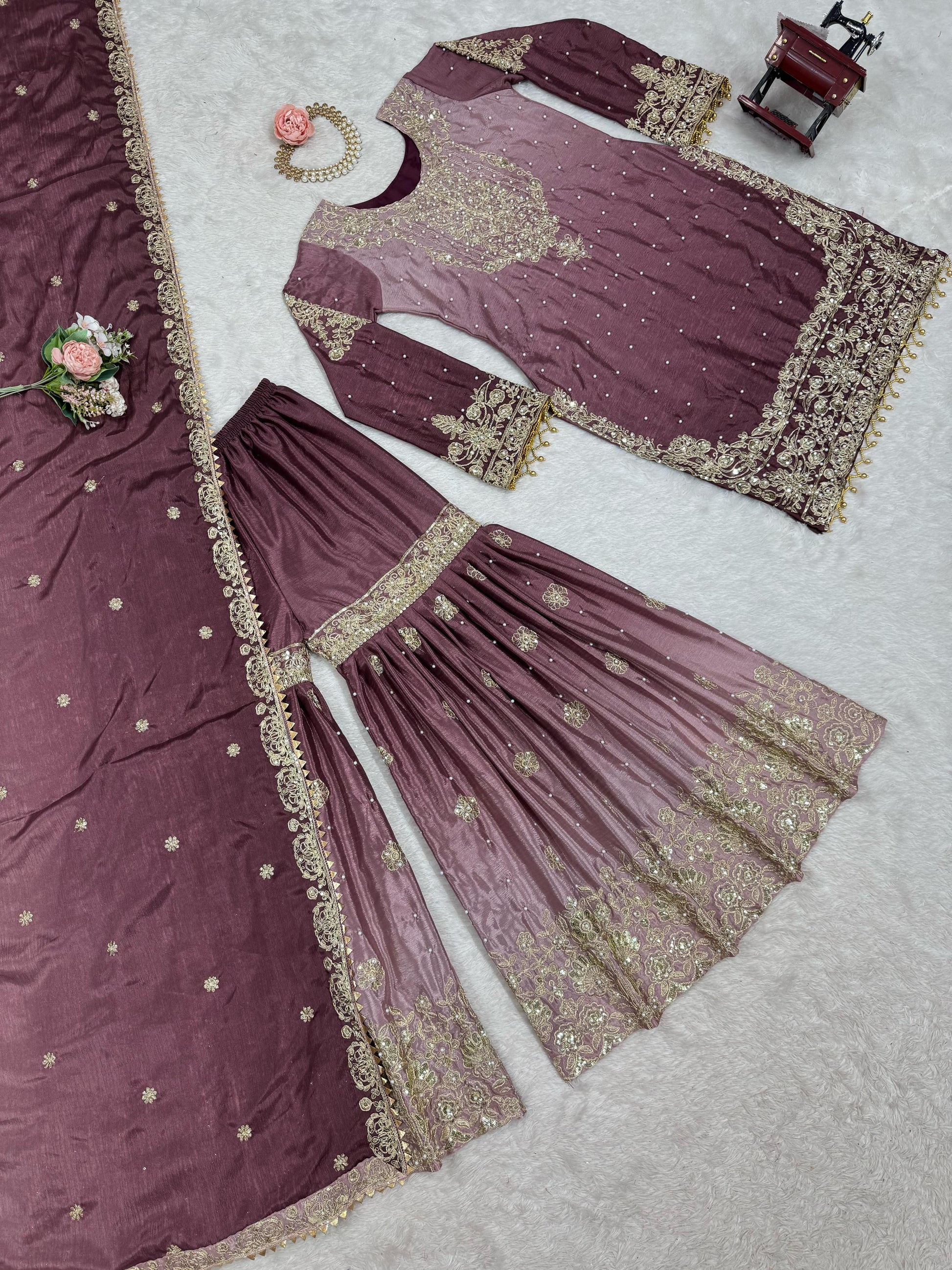 Good Looking Chinon Silk Rivet Moti Onion Color Sharara Suit