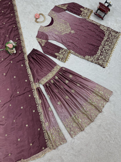 Good Looking Chinon Silk Rivet Moti Onion Color Sharara Suit