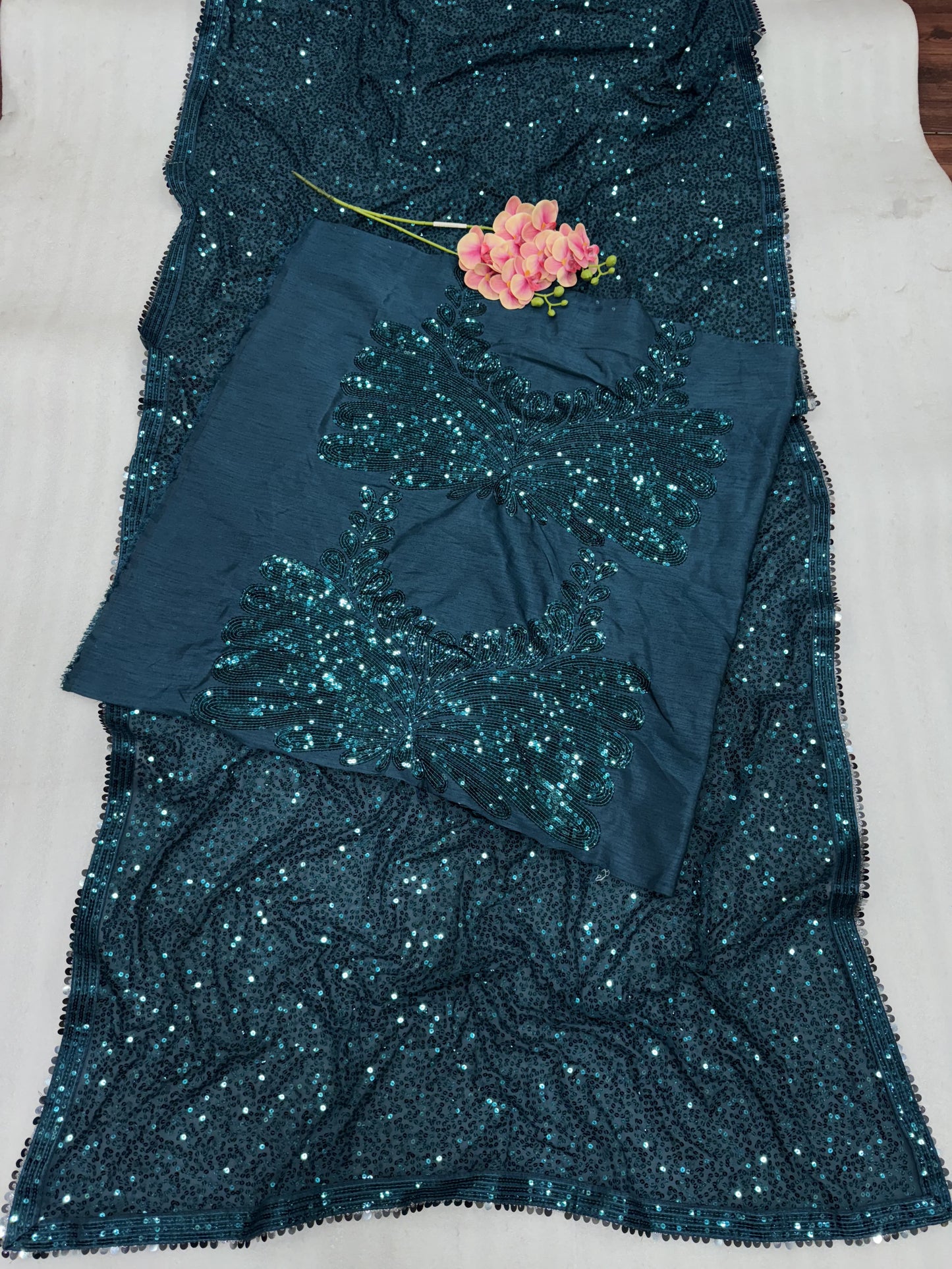 Ravishing Sequence Work Teal Blue Color Designer Saree