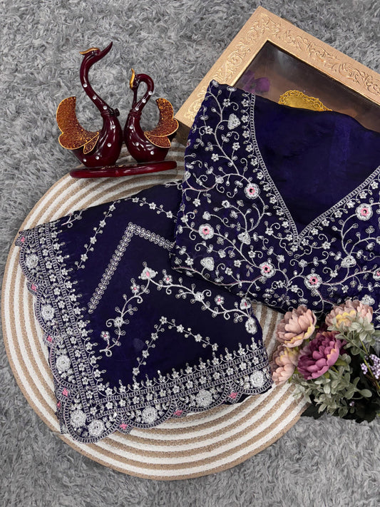 Marriage Special Heavy Work Navy Blue Color Saree